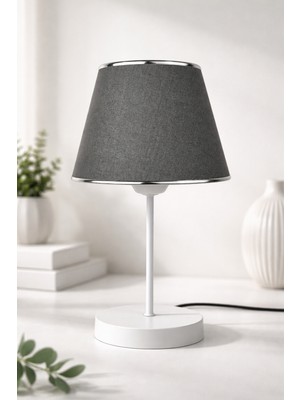 Eslight Modern Dekoratif Beyaz Ayak Antrasit Kumaş Şapkalı Masa Lambası Krom Detaylı Abajur FB07