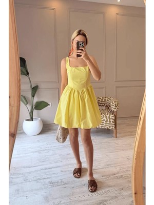 BeeYouStudio Balon Etekli Askılı Elbise / Sarı S
