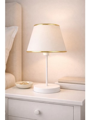Eslight Modern Dekoratif Beyaz Ayak Krem Kumaş Şapkalı Masa Lambası Gold Detaylı Abajur FB05