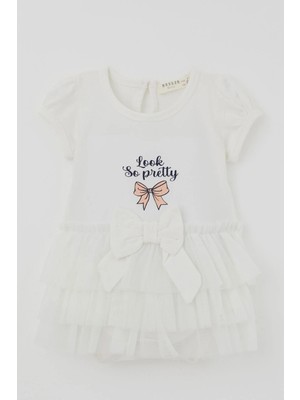 Breeze Kız Bebek Kısa Kollu Çıtçıtlı Zıbın Elbise Tütü Etekli Fiyonk Detaylı 6 Ay - 2 Yaş , Ekru