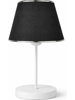 Eslight Modern Dekoratif Beyaz Ayak Siyah Kumaş Şapkalı Masa Lambası Krom Detaylı Abajur FB01