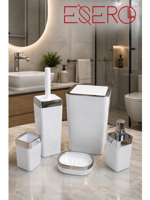Esero 340 Krom Beyaz 5'li Lüks Banyo Aksesuar Seti Beyaz Krom | Çöp Kovası Wc Fırçalık Sıvı Sabunluk Sabunluk Diş Fırçalık Modern Banyo Seti