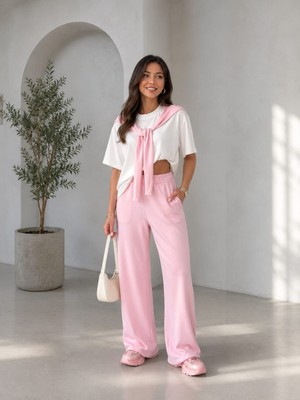 Şık ve Mutlu Fularlı Oversize Modal Kumaş Ikili Alt Üste Takım