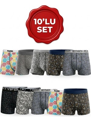 Orivra Erkek Boxer 10’lu Set Likralı Pamuklu Desenli Karışık Renk S-3XL