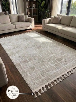 NarStore Home Aksu Stan Kaymaz Tabanlı Kesme Örgü Saçaklı Salon Koridor Yıkanabilir Halı Bej