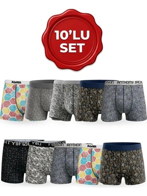 Orivra Erkek Boxer 10’lu Set Likralı Pamuklu Desenli Karışık Renk S-3XL