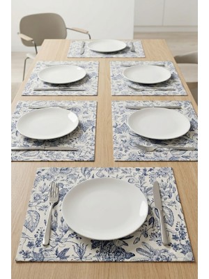 Rona Home Çiçek Desenli Kumaş Tabak Altlığı 35X45 cm Mavi Yapraklı Yemek Masası Tabak Altlığı 6 Kişilik