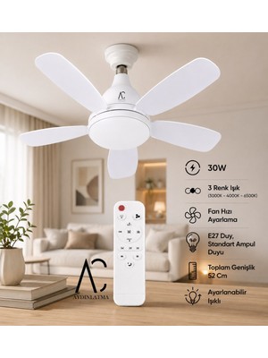 AC Aydınlatma 30W Kumandalı Tavan Vantilatörü | 3 Renk LED Aydınlatma | E27 Duy | 52 cm | Beyaz