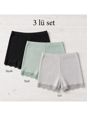 Kadın 3'lü Dantel Paçalı Fitilli Boxer Şort - Pamuklu Esnek Ribana Iç Çamaşırı Seti (Siyah, Yeşil,gri) L