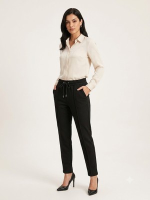 On Triko Siyah Beli Lastikli Bağcıklı Casual Eşofman Pantolon 46129