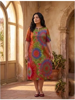 Büyük Beden Anne Batik Desen Midi Elbise 3xl-6xl Kısa Kollu Düğmeli Yaka
