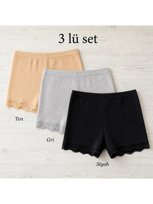 İncili Tekstil Kadın 3'lü Dantel Paçalı Fitilli Boxer Şort - Pamuklu Esnek Ribana Iç Çamaşırı Seti (Siyah,ten,gri) 2xl
