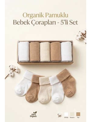 Vavbaby Kız ve Erkek Bebek Organik Pamuklu, Yumuşak Dokulu, Mevsimlik 5’li Çorap Seti - Kahverengi