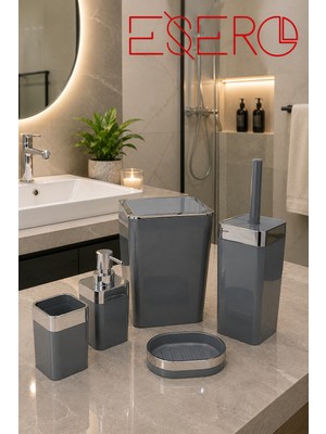 Esero 340 Krom Premium Gri 5 Parça Banyo Aksesuar Seti Modern Dekoratif Banyo Takımı Çöp Kovası Wc Fırçalık Sıvı Sabunluk Diş Fırçalık Sabunluk