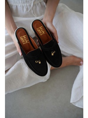 Selin Shoes Briza Hakiki Deri Gold Aksesuar Detaylı Kadın Terlik- Siyah Süet