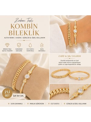 Erka Zirkon Taşlı Ikili Kombin Bileklik - Altın Renk - Zarif Tasarım