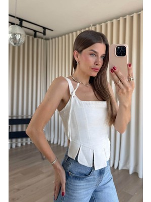 Sue Store Bej Bağcıklı Askılı Korse Kesim Keten Bluz