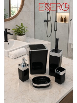 Esero 340 Krom  5 Parça Siyah Banyo Aksesuar Seti Krom Detaylı Modern Banyo Takımı Çöp Kovası Wc Fırçalık Sıvı Sabunluk Diş Fırçalık Sabunluk