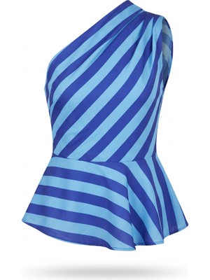 Sue Store Mavi Lacivert Tek Omuz Asimetrik Bluz