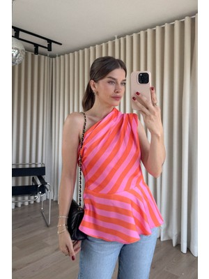 Sue Store Pembe Turuncu Tek Omuz Asimetrik Bluz