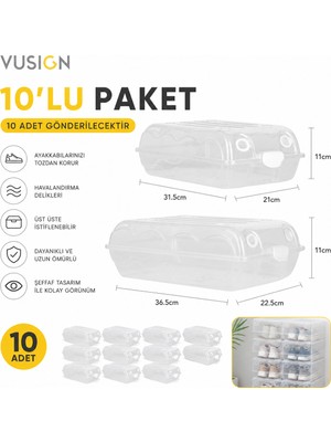 Vusign Vusıgn Açılır Kapaklı Şeffaf Ayakkabı Kutusu Ayakkabı Organizer 31.5X21X11 cm 10'lu Paket