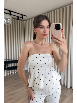 Sue Store Beyaz Siyah Puantiye Desenli Straptez Bluz Pantolon Takım