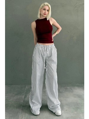 Madmext Beyaz Beli Ayarlanabilir Çizgili Cepli Bol Paça Kadın Pantolon MG2312