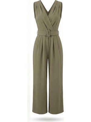 Sue Store Yeşil V Yaka Pileli Kemerli Premium Tulum