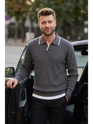 Kamalı Erkek Oversize Selanik Örgü Polo Yaka Triko Kazak