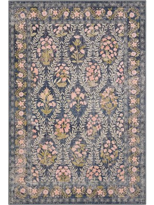 Cool Halı Daisy Kömür Mavi Bohem Halı Makinede Yıkanan Çiçek Desenli Dokuma Şönil Halı Otantik Vintage Halı