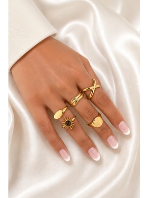 Trend Collection 5’li Gold Yüzük Seti Güneş Figürlü Ayarlanabilir Kadın Vintage Yüzük
