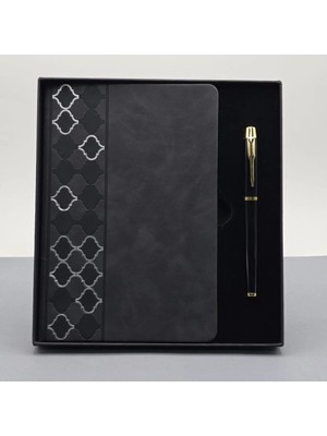 Bezos Mey Ithalat®  Desenli Siyah Deri Defter Kalem Set