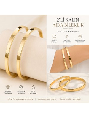 Erka 2'li Kalın Ajda Bilezik Altın Renk – Şık Minimal  Bileklik Seti Kadın Kombin Takısı