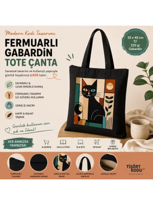 Tişört Kodu Fermuarlı Gabardin Tote Çanta – Modern Kedi Tasarımı