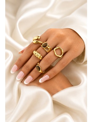 Trend Collection 5’li Gold Kadın Yüzük Seti Ayarlanabilir Vintage Yüzük Set