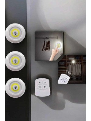 Bezos Mey Ithalat® Spot Lamba LED Işık 3'lü Uzaktan Kumandalı Pilli Yapışkanlı Kablosuz
