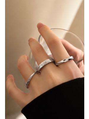 Trend Collection 3’lü Gümüş Kadın Yüzük Seti - Dalgalı Model Ayarlanabilir Yüzük