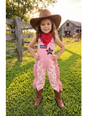 Mum Design Gifts Kişiye Özel Pembe Kovboy Kostümü Kız Çocuk Western Şerif Tulumu Şapkalı Set