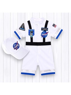 Mum Design Gifts Kişiye Özel Astronot Tulumu ve Şapka Seti Çocuk Uzay Kostümü Beyaz