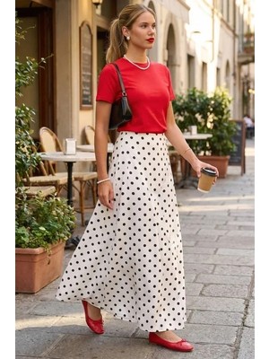 Madmext Ekru Puantiyeli Maxi Kadın Saten Etek MG2725
