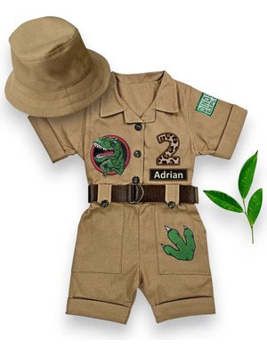 Mum Design Gifts Kişiye Özel İsimli Dinozor Tulumu Kostümü - Çocuk Safari Seti ve Şapka - Doğum Günü ve Çekim