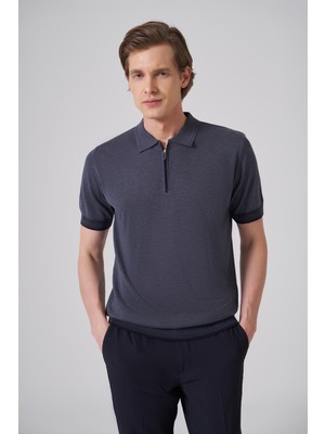 Morven  Erkek Indigo Trend Fermuarlı Polo Yaka Triko T-Shirt