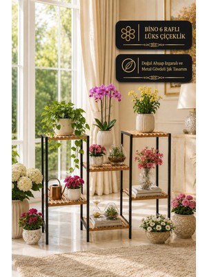Bino 6 Raflı Metal Ahşap Çiçeklik Saksılık Çok Amaçlı Dekoratif Bitki Standı Organizer Raf