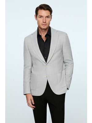 Morven  Erkek Gri Polyester Trend Ekoseli Slim Fit Mono Yaka Ceket