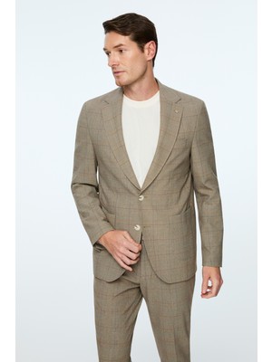 Morven  Erkek Kahve Poliviskon Trend Ekoseli Slim Fit Mono Yaka Ceket