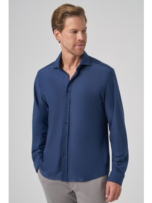 Morven  Erkek Lacivert Trend Düz Slim Fit Tam Italyan Yaka Relaxible Gömlek