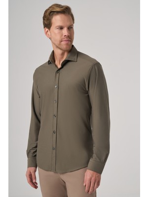 Morven  Erkek Haki Trend Düz Slim Fit Tam Italyan Yaka Relaxible Gömlek