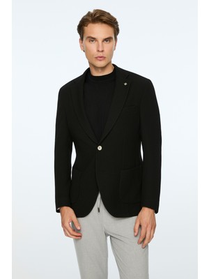 Morven  Erkek Siyah Poliviskon Trend Desenli Slim Fit Ceket