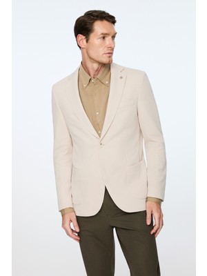 Morven  Erkek Bej Poliviskon Trend Desenli Slim Fit Mono Yaka Ceket