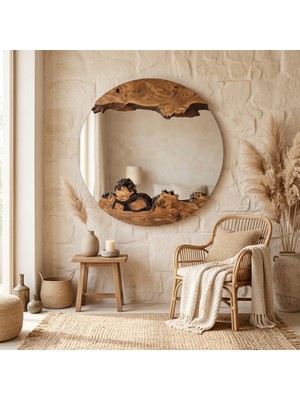 3D Sergi El Yapımı Doğal Ahşap Yuvarlak Duvar Aynası 30-50-70 cm Dekoratif Masif Ahşap Ayna
